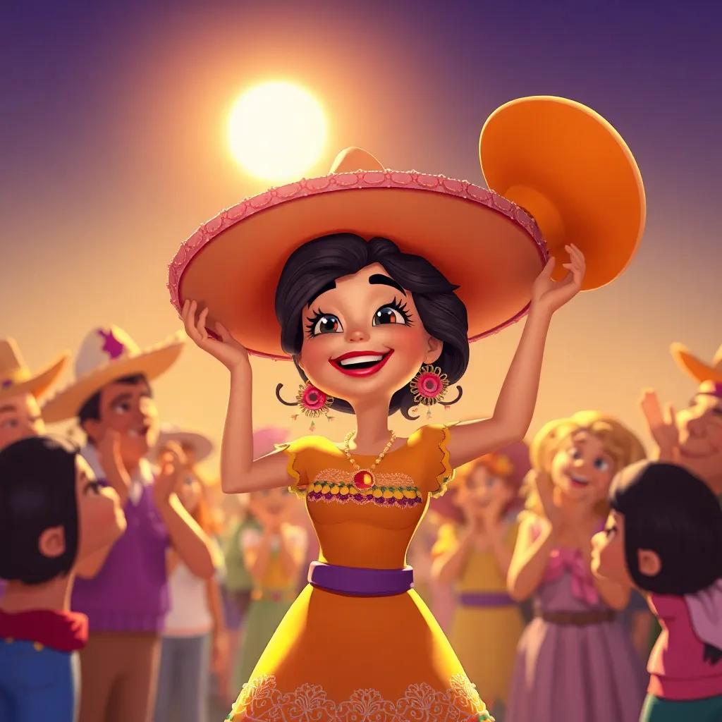 Rita, con su sombrero en mano, sonriendo y rodeada de amigos, todos aplaudiendo bajo el sol, un espíritu de alegría y amistad, arte digital, brillante y cálido