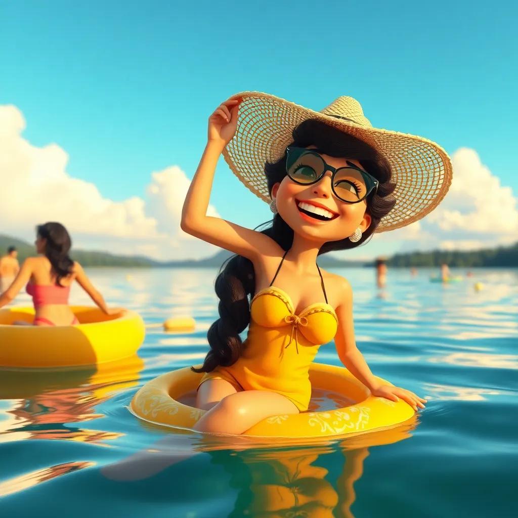 Un día soleado en el lago, con Rita sonriendo y saltando sin sombrero, disfrutando de la vida con amigos, un ambiente vibrante y feliz, arte digital, colores brillantes y alegres