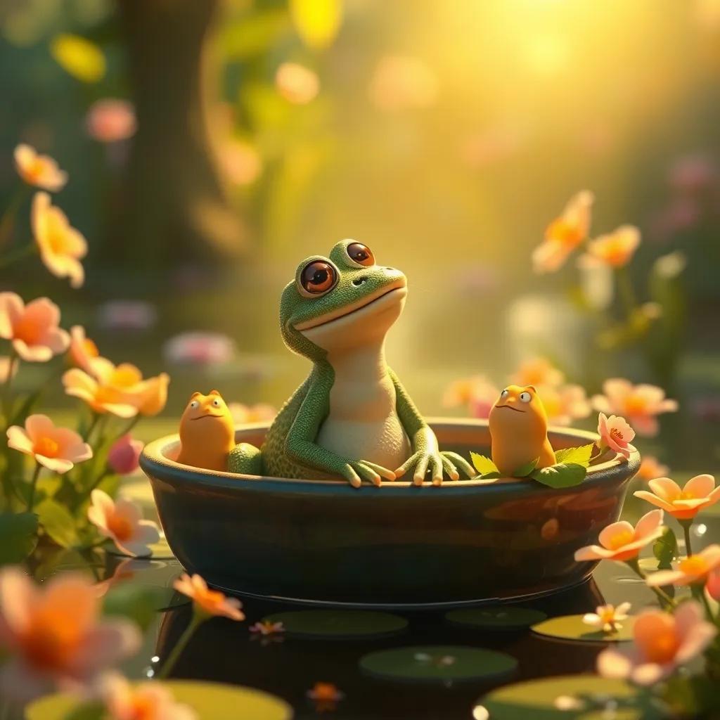 Rita, la rana, en un estanque rodeado de flores y amigos felices, mostrando su verdadero yo, un fondo agradable y luminoso, arte digital, lleno de dinamismo, mágico