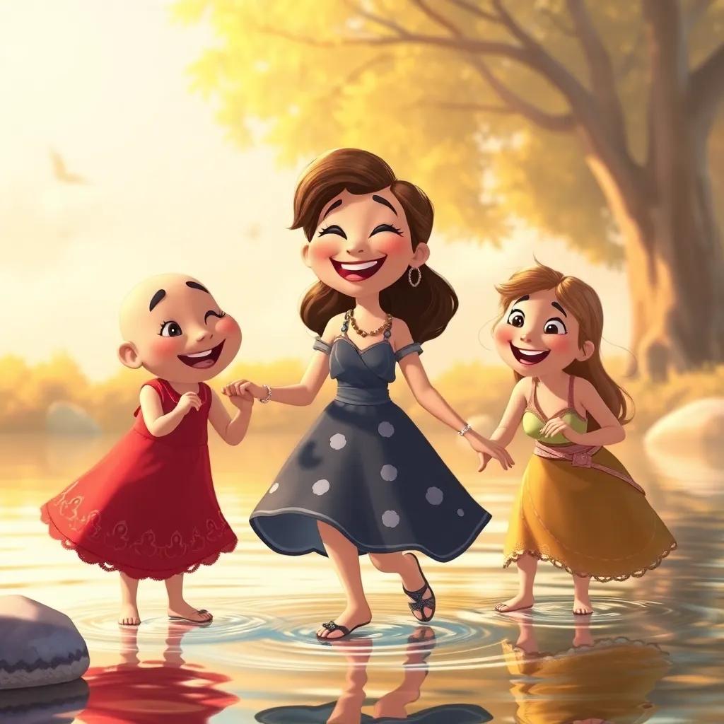 Rita, con una expresión alegre, bailando y riendo con sus amigos en el estanque, reflejando la felicidad de ser uno mismo, ilustración rica en detalles, cálida y abrazadora