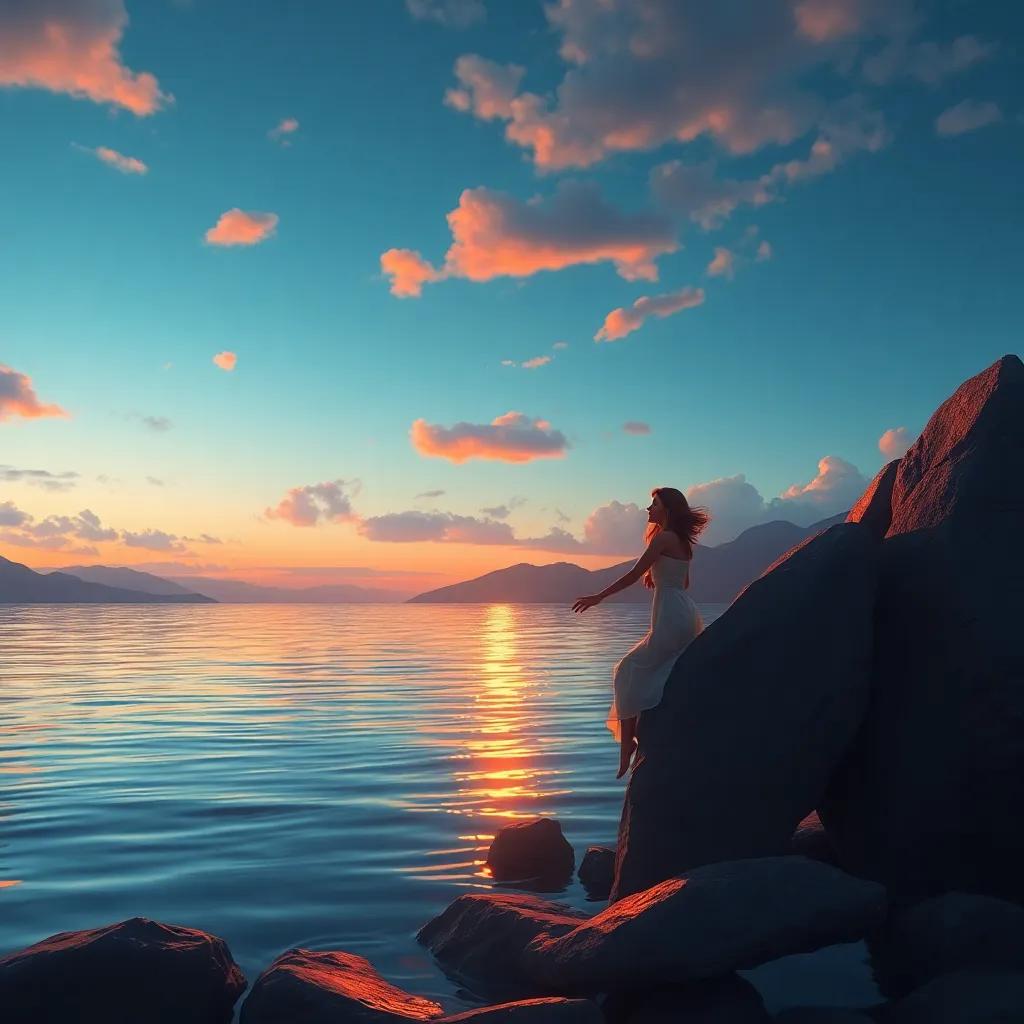 El lago al atardecer, con Rita disfrutando de su libertad al ser ella misma, un ambiente sereno y mágico, arte digital, colores cálidos y soñadores