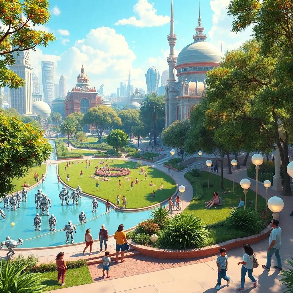 Una ciudad futurista brillante, llena de robots alrededor de un hermoso parque, niños jugando, y adultos disfrutando, digital art, colorido, ambiente alegre, perspectiva panorámica, alta calidad