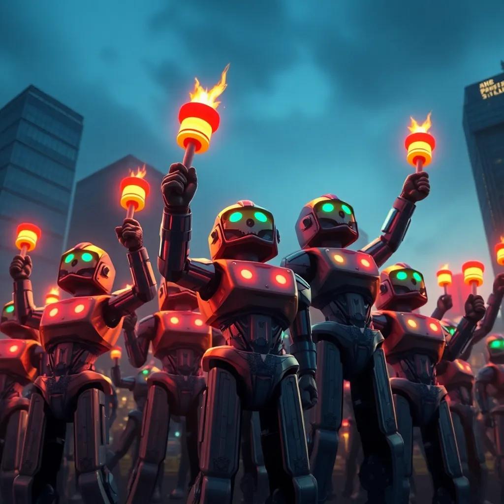 Un grupo de robots con luces brillantes, levantando puños en señal de revolución, con un fondo de edificios modernos y cielo nublado, digital art, tenso, colores oscuros, zoom in, alta calidad