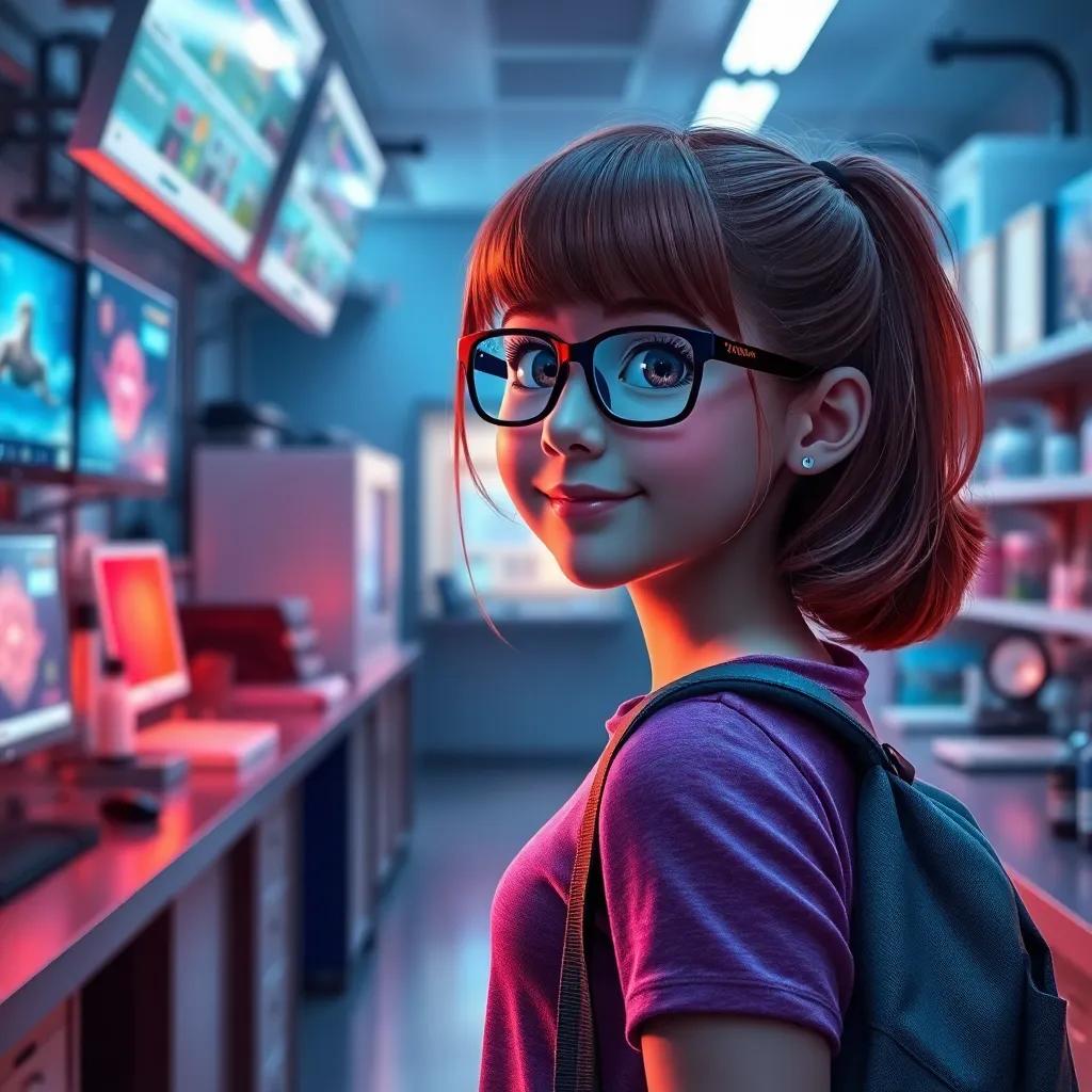 Martina, una niña valiente de 12 años, con cabello castaño y gafas, llevando una mochila tecnológica, en un laboratorio con pantallas y circuitos, digital art, iluminado, colores brillantes, perspectiva en ángulo bajo, alta calidad