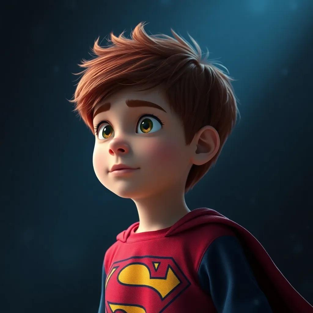 El hermano de Martina, un niño de 10 años, con cabello rubio y camiseta de superhéroe, observando con seriedad y determinación, con un fondo oscuro y pantallas parpadeantes, digital art, ambiente de acción, colores fríos, alta resolución