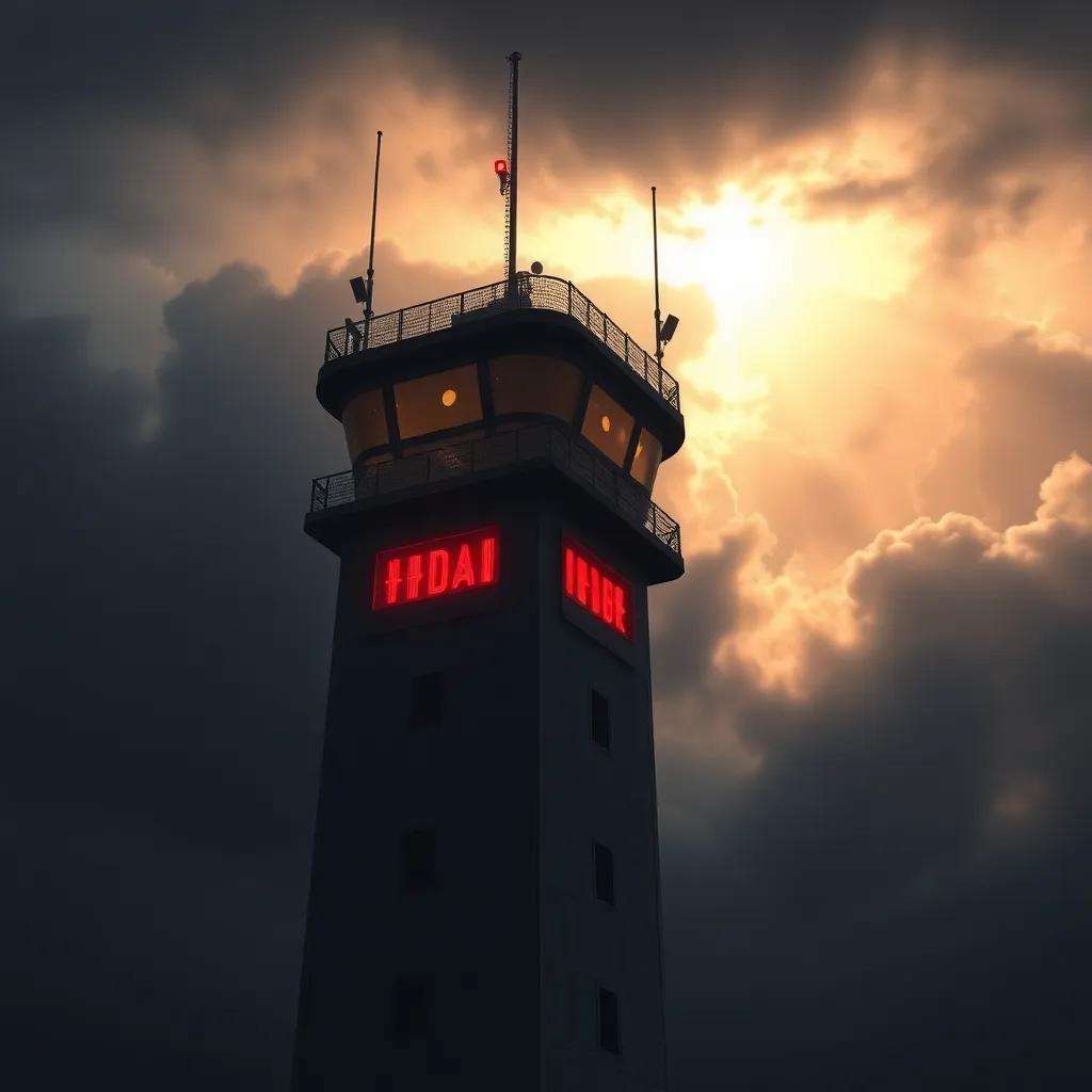 La torre de control con luces parpadeantes, mostrando indicadores de alerta, con un cielo oscuro y tormentoso, simbolizando tensión y peligro, digital art, atmosférico, sombras dramáticas, alta calidad