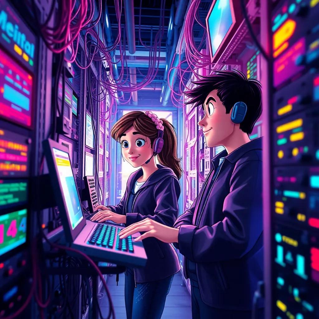 Martina y su hermano trabajando en el sistema central, tecleando rápidamente, con cables alrededor y pantallas brillantes, digital art, emocionante, colores vibrantes, perspectiva de enfoque estrecho, alta calidad