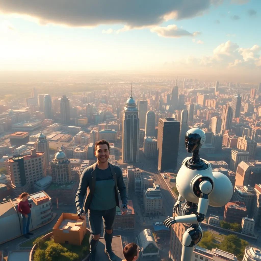 La ciudad recuperada, con personas y robots trabajando juntas, sonriendo y disfrutando, gran panorama de paz y alegría, digital art, armonioso, colores cálidos, vista aérea, alta calidad