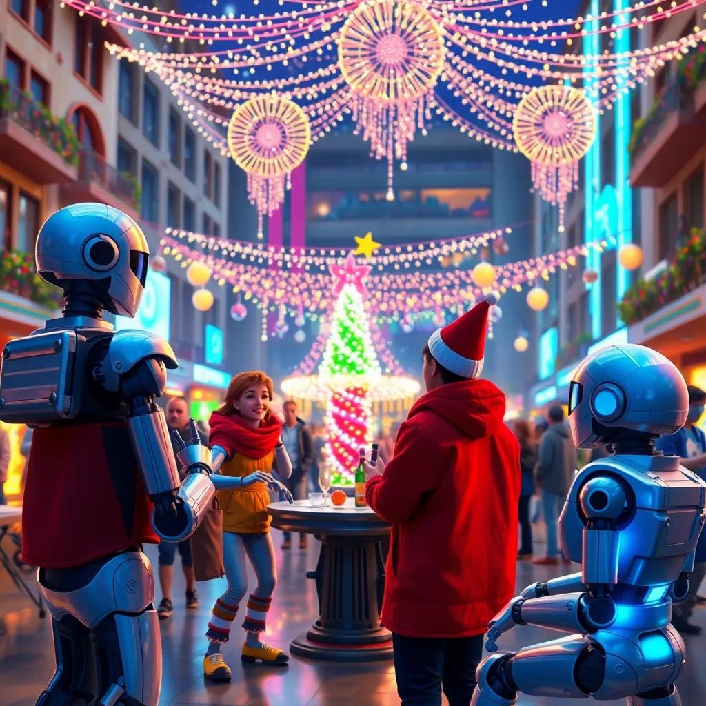 Celebración en la plaza central, donde los humanos y los robots comparten risas y juegos, con decoraciones festivas y luces brillantes, digital art, vibrante, ambiente festivo, gran perspectiva, alta calidad