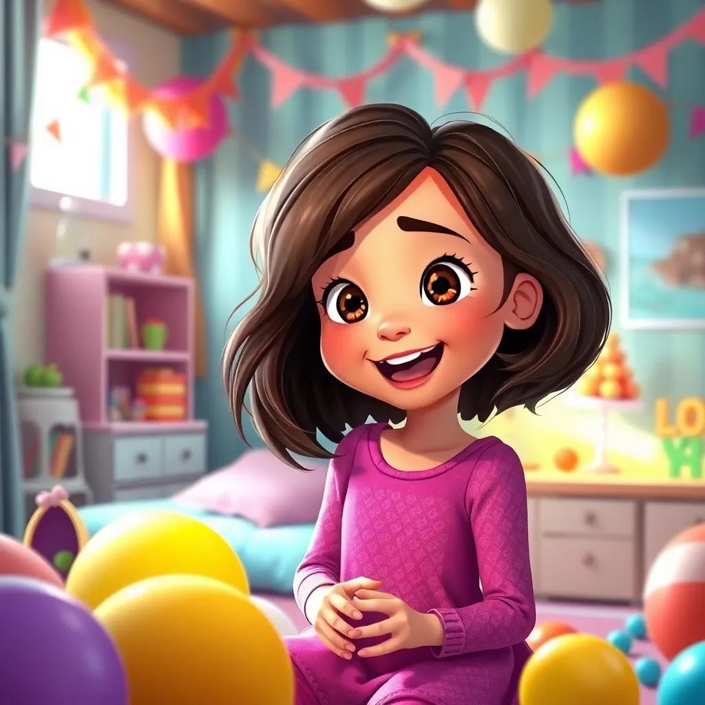 Sofía, una niña de 8 años con cabello largo y castaño, emocionada en su habitación decorada para su cumpleaños, llena de juguetes y globos, luz cálida, colorido, alta calidad