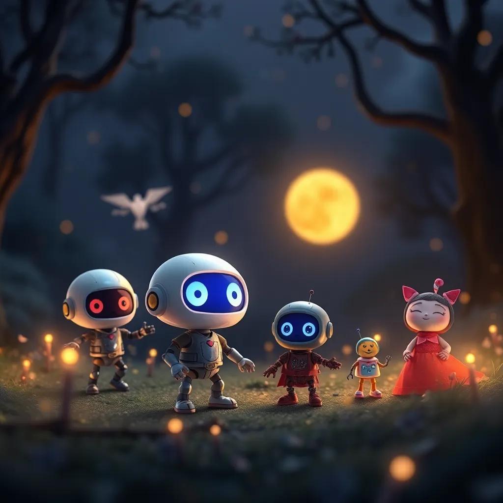Los juguetes de Sofía: ositos de peluche, robots y muñecas, en medio de la noche, murmurando y planeando, un ambiente mágico, sombras danzantes, detalle encantador, estilo infantil