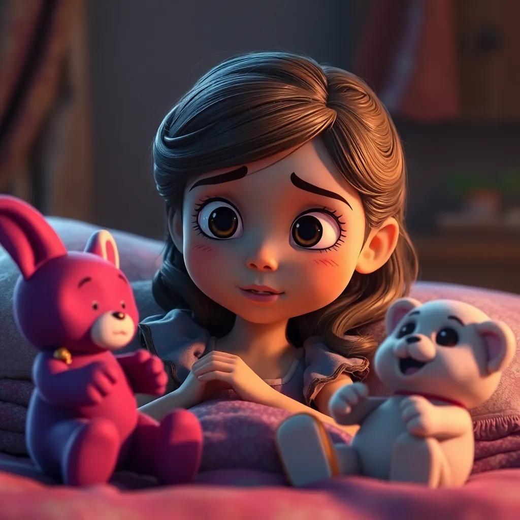 Sofía despertando con sorpresa y asombro al ver a sus juguetes moviéndose y hablando, su expresión es de miedo pero también de curiosidad, en un entorno suave y nocturno, arte digital, enfoque claro