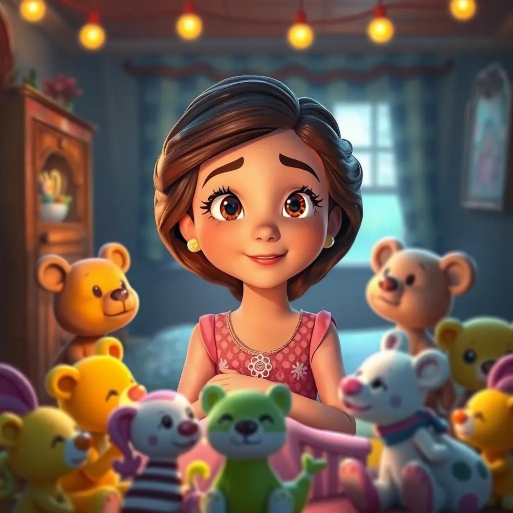 Sofía, con rostro emocionado, les suplica a sus juguetes que la escuchen, en su habitación llena de juguetes parados y rodeándola, luces cálidas, atmósfera esperanzadora, estilo acogedor