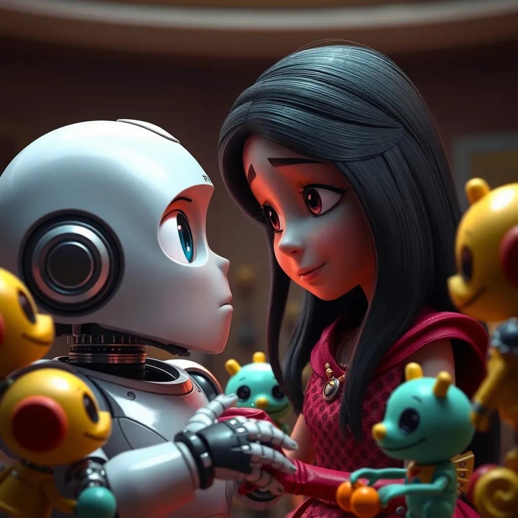 Ciber, el robot, explicando su tristeza a Sofía, con una pequeña lágrima en su ojo, mientras los juguetes la rodean, escena íntima, expresiva, color viva