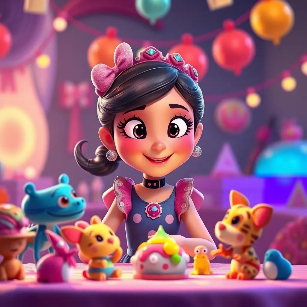 Bella, la muñeca, sugiriendo ideas para la fiesta con entusiasmo, todos los juguetes escuchando con atención, luces brillantes, ambiente de fiesta, estilo alegre y colorido