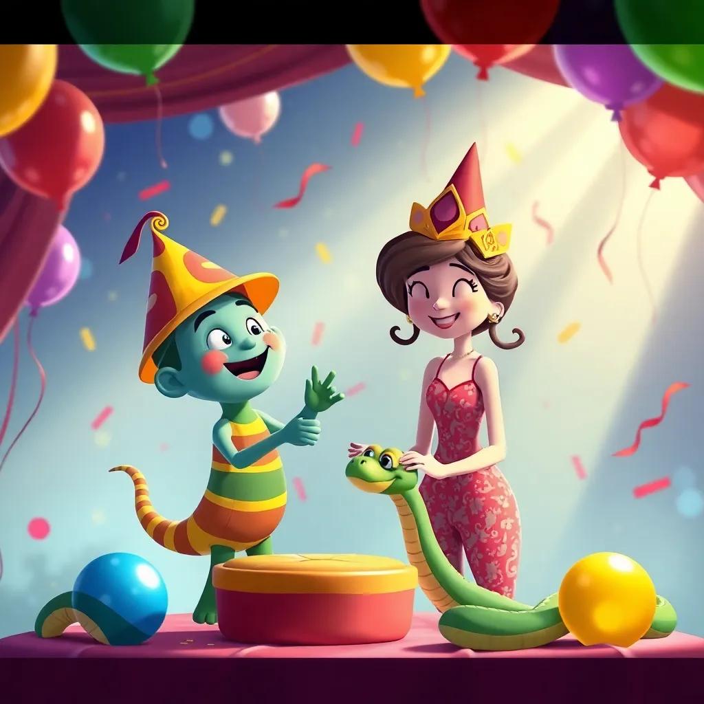 Los juguetes y Sofía, organizando una fiesta, con globos y serpentinas, risas, ambiente festivo, alegría en el aire, ilustración vibrante