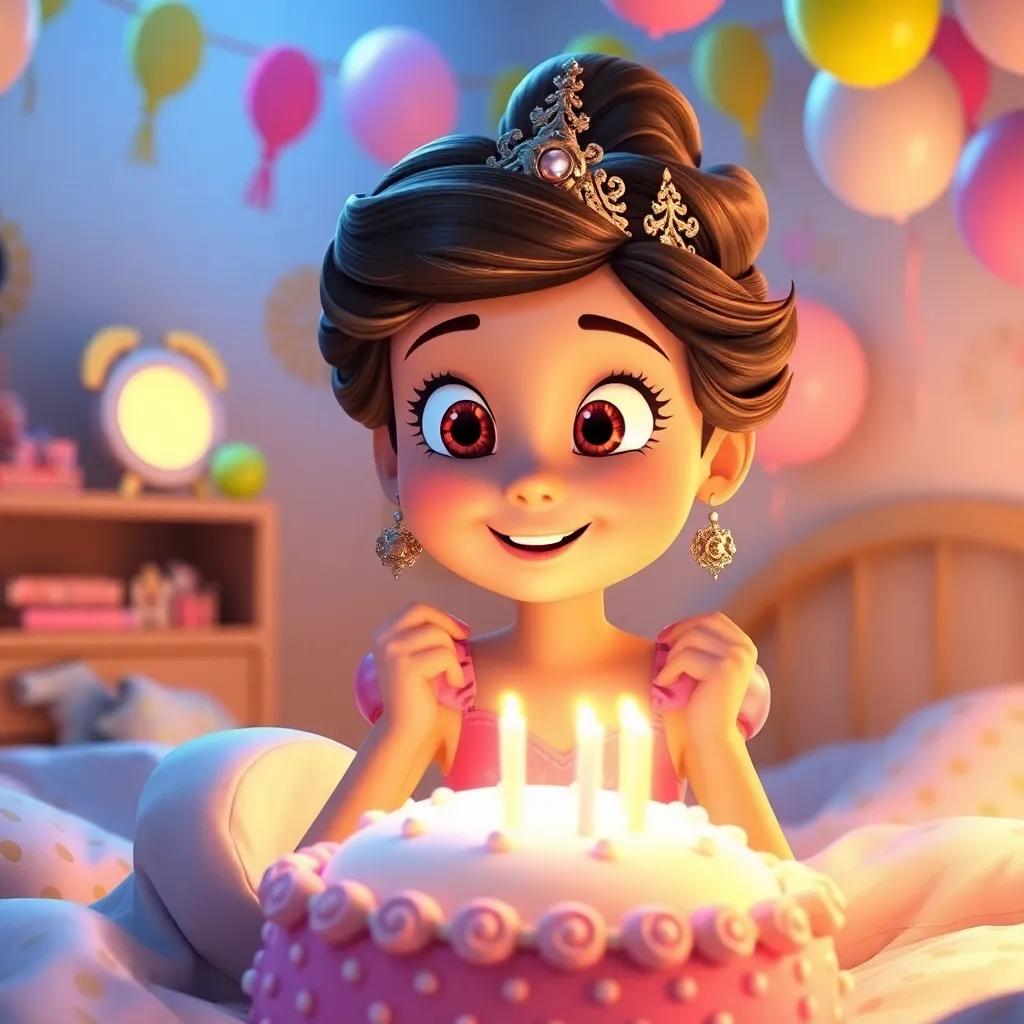 Sofía, sorprendida al despertar en su habitación llena de decoraciones de cumpleaños, globos y un gran pastel, expresión de alegría y asombro, luz brillante, felicidad palpable