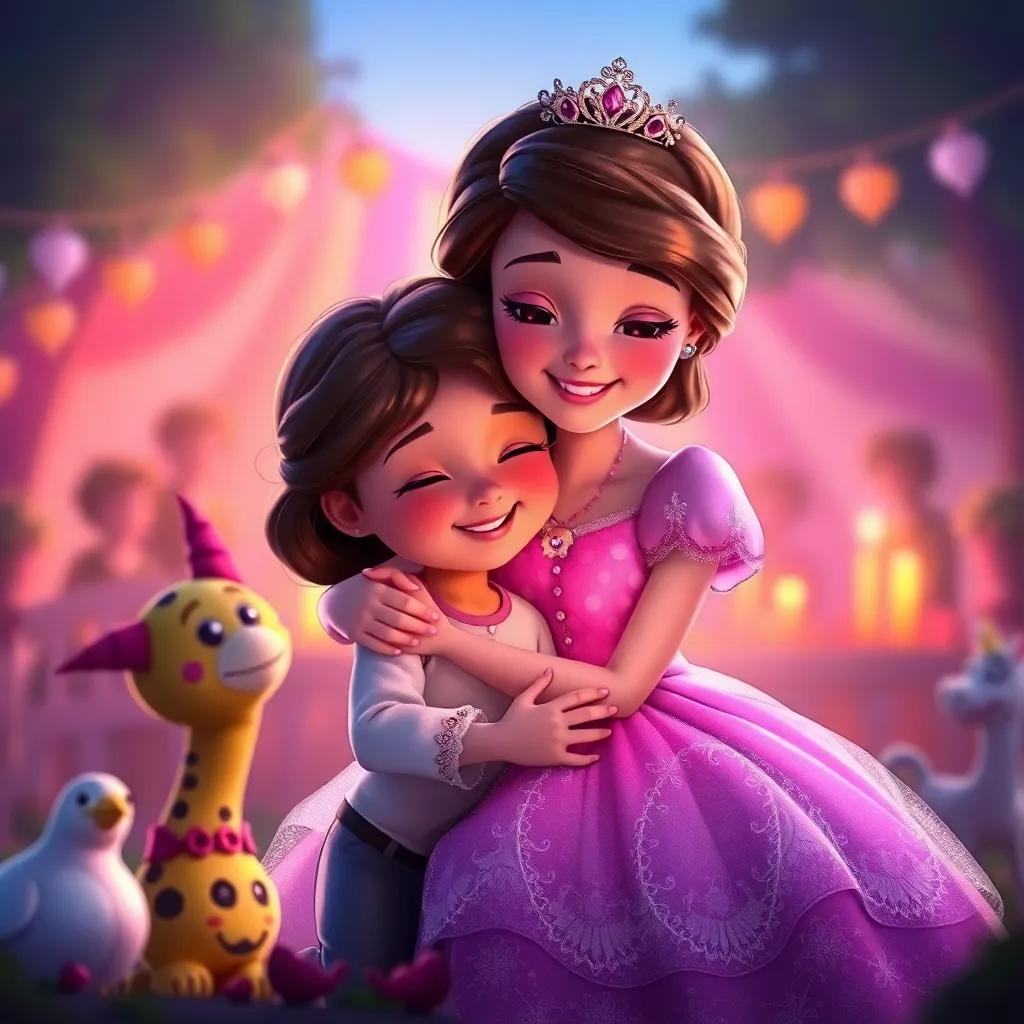 Sofía abrazando a sus juguetes después de la fiesta, sonriendo y felices juntos, sus corazones llenos de amor, un entorno cálido y acogedor, estilo amigable
