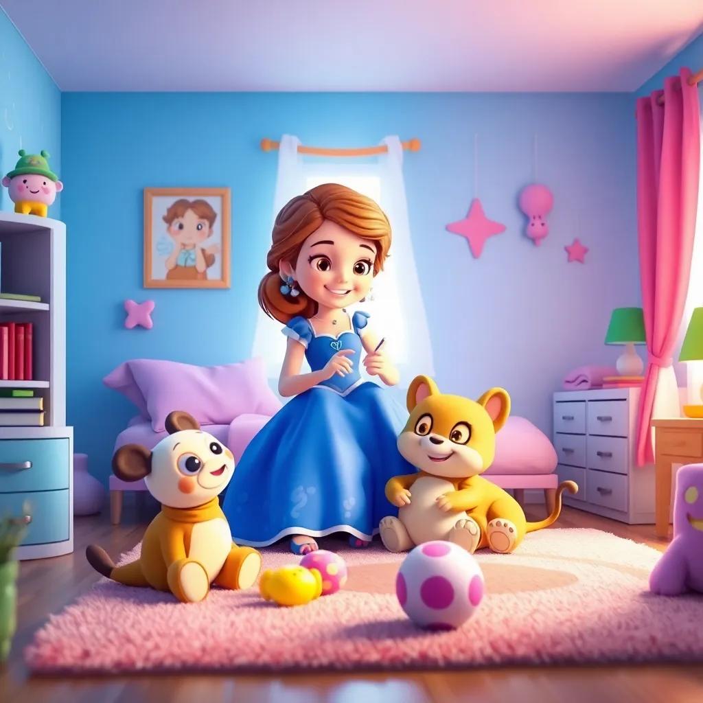 Sofía y sus juguetes jugando juntos en la habitación, con risas y alegría, representando su amistad, imágenes brillantes y coloridas, presentando un mundo mágico.