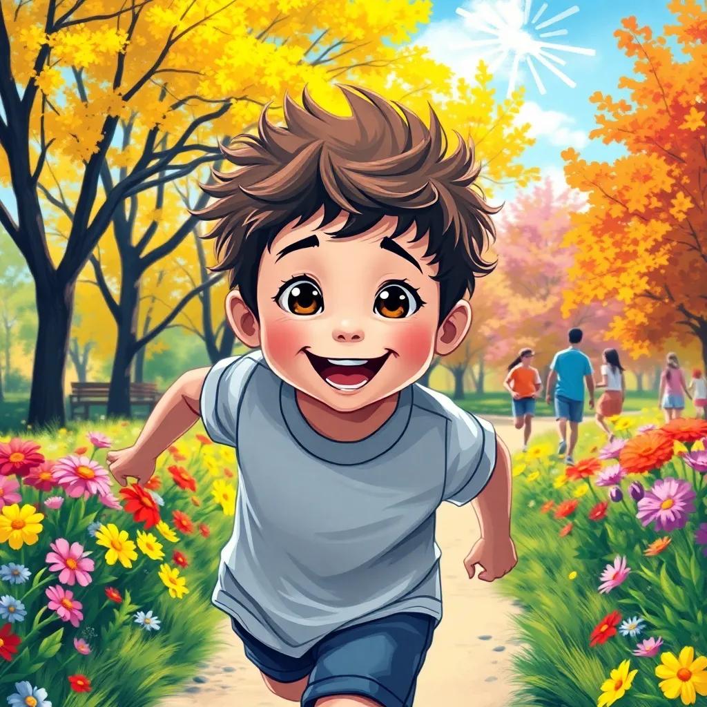 A cheerful young boy, Jajajajaja, with bright eyes and a big smile, running in a sunny park surrounded by flowers, colorful trees, and friends playing, digital art, vibrant colors, joyful atmosphere, high quality