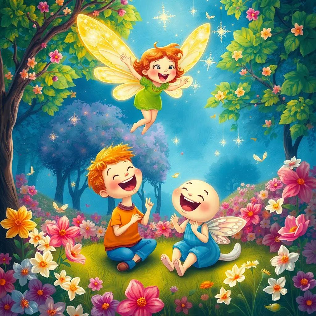 The Laughing Fairy, a whimsical creature with sparkling wings, floating above Jajajajaja and Lala, who are laughing heartily in a magical park, surrounded by blooming flowers and trees, cartoon style, enchanting colors, cheerful mood, high quality