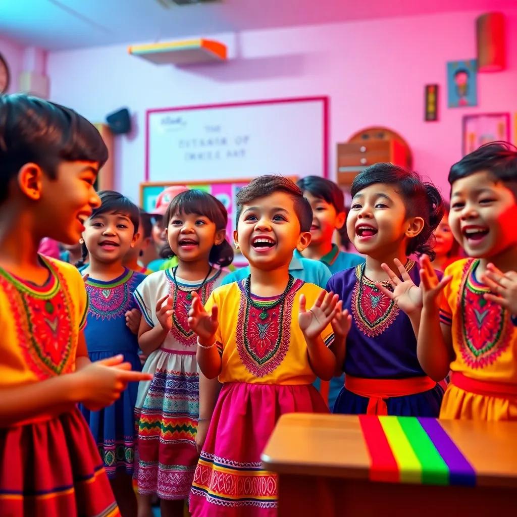 A group of excited school children, dressed in colorful Colombian traditional clothes, practicing a song in a lively classroom, joyful atmosphere, digital art, warm and bright colors, vivid depiction, cheerful mood