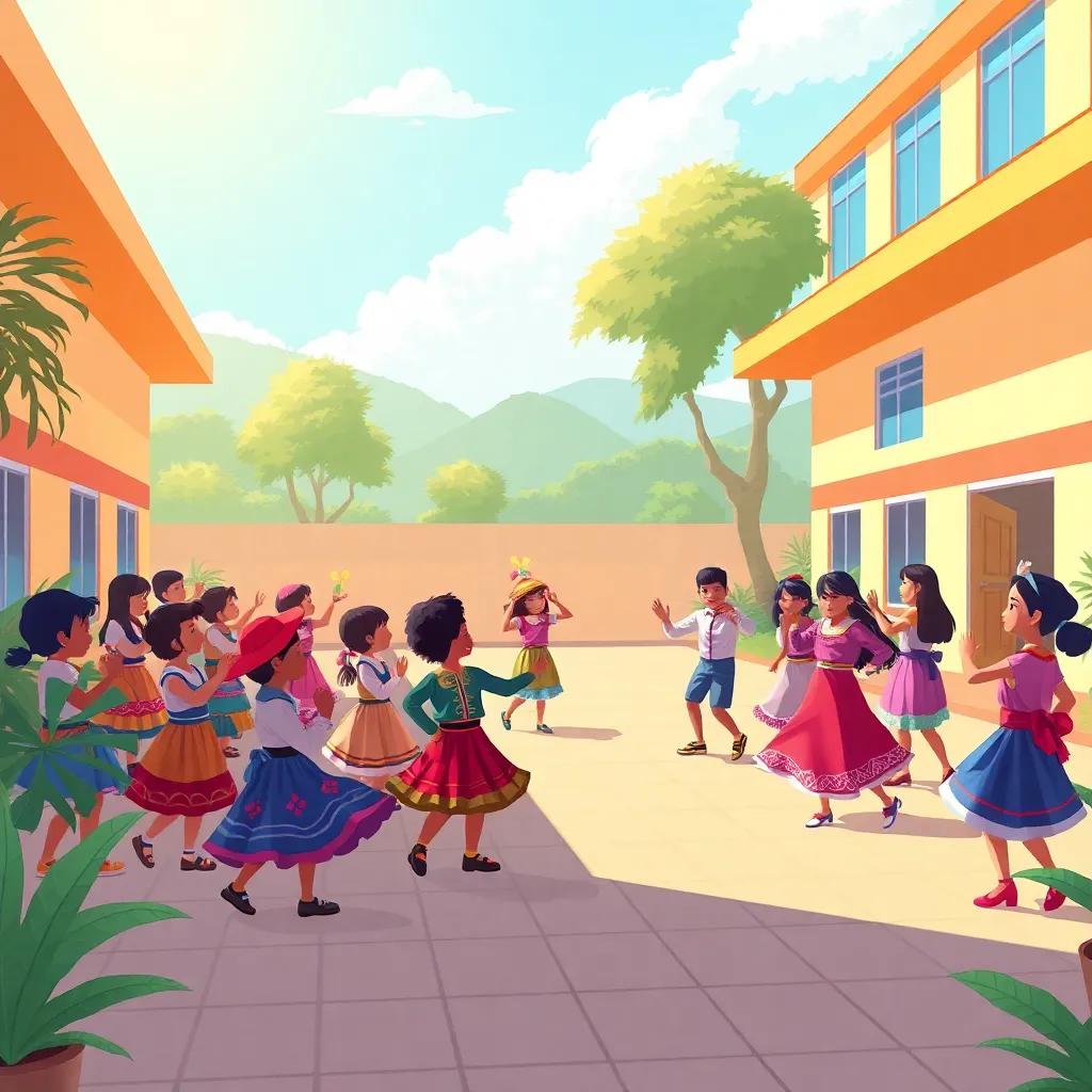 A sunny school courtyard filled with kids practicing traditional Colombian dances like Joropo and Calypso, wearing festive outfits, vibrant scenery, illustration, cheerful, engaging, child-friendly