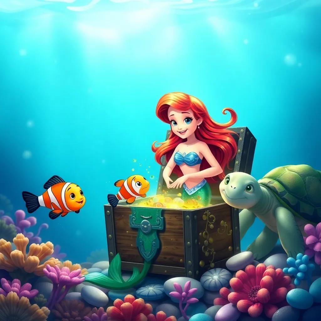 Marina, the beautiful mermaid, surrounded by her friends, Tico the clownfish and Lila the wise turtle, excitedly opening an ancient treasure chest in the ocean, detailed illustration, vibrant colors, friendly ambiance, high quality