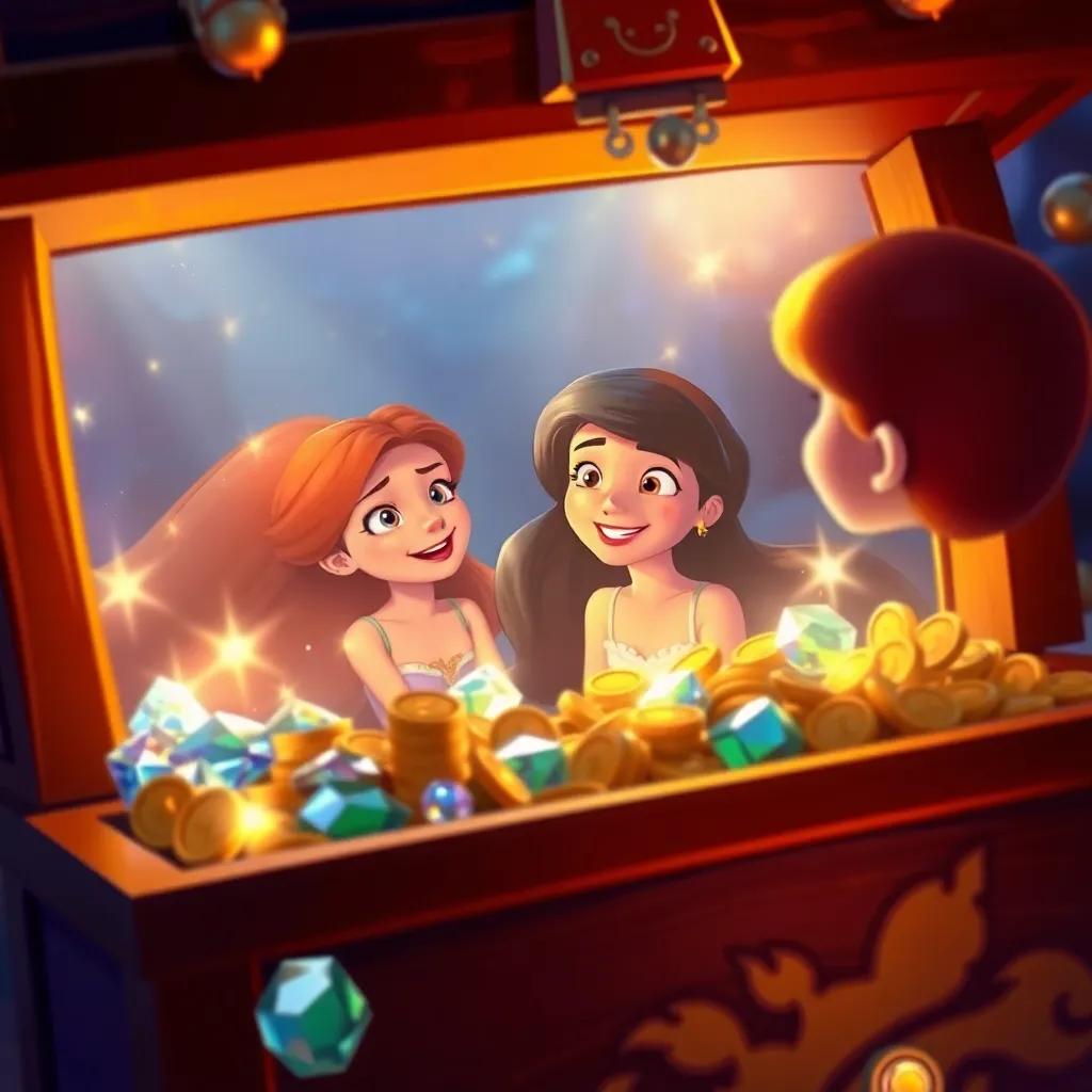 Inside the treasure chest, sparkling jewels and golden coins gleam, with Marina looking into a magical mirror, reflecting her friends' happy faces, digital painting, warm light, colorful underwater scene, high quality