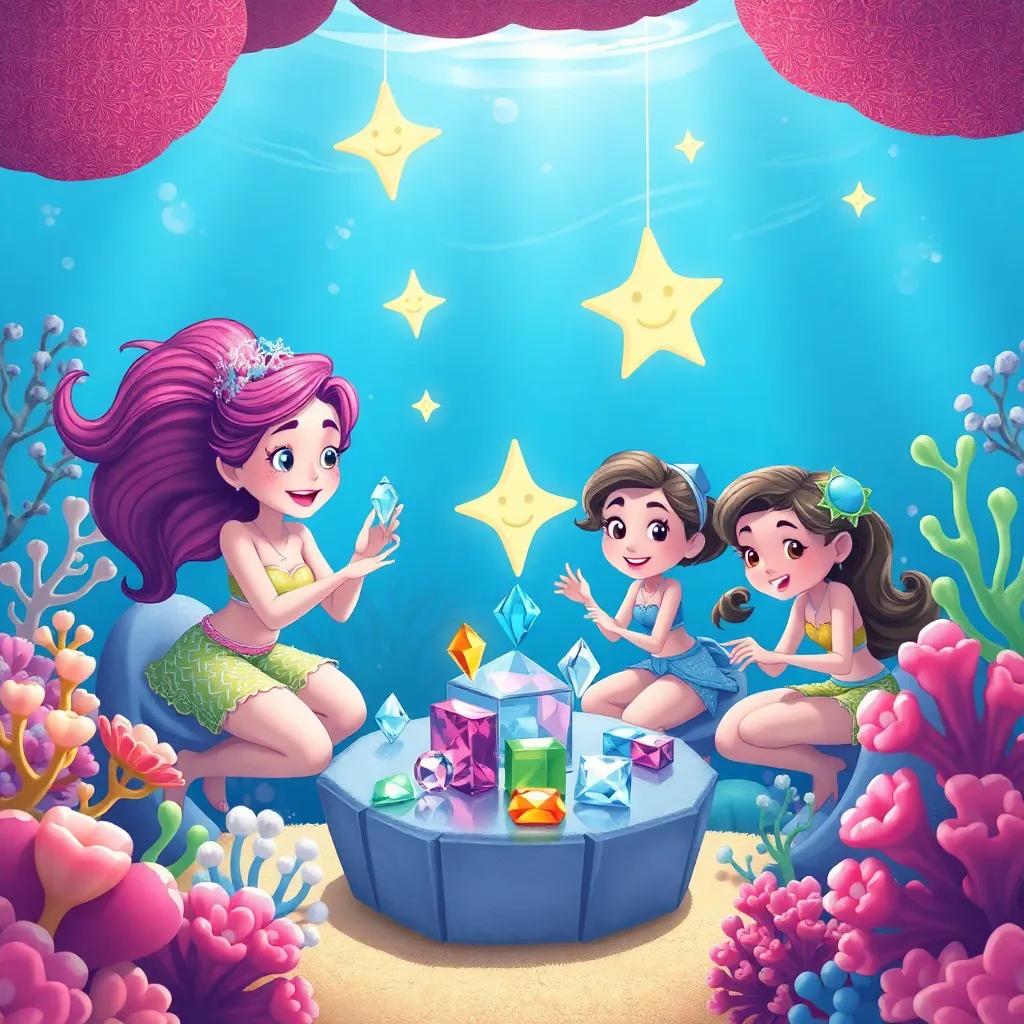 Marina and her friends happily organizing the jewels in a beautiful underwater space, decorated with corals and sea plants, creating a lovely gathering spot, cheerful illustration, bright and inviting colors, high quality
