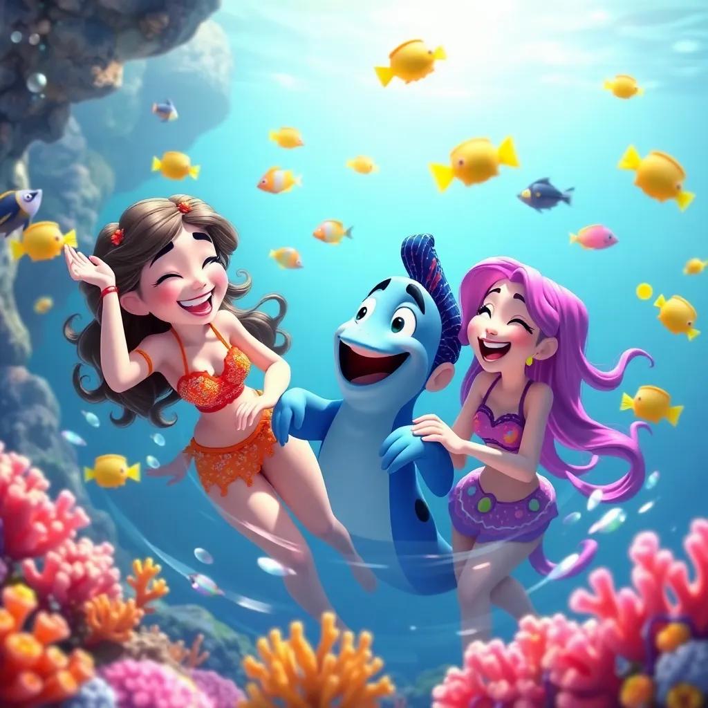 Marina, Tico, and Lila enjoying their time together, playing and laughing in the ocean, surrounded by colorful fish and corals, capturing the joy of friendship, heartwarming scene, vibrant colors, uplifting imagery