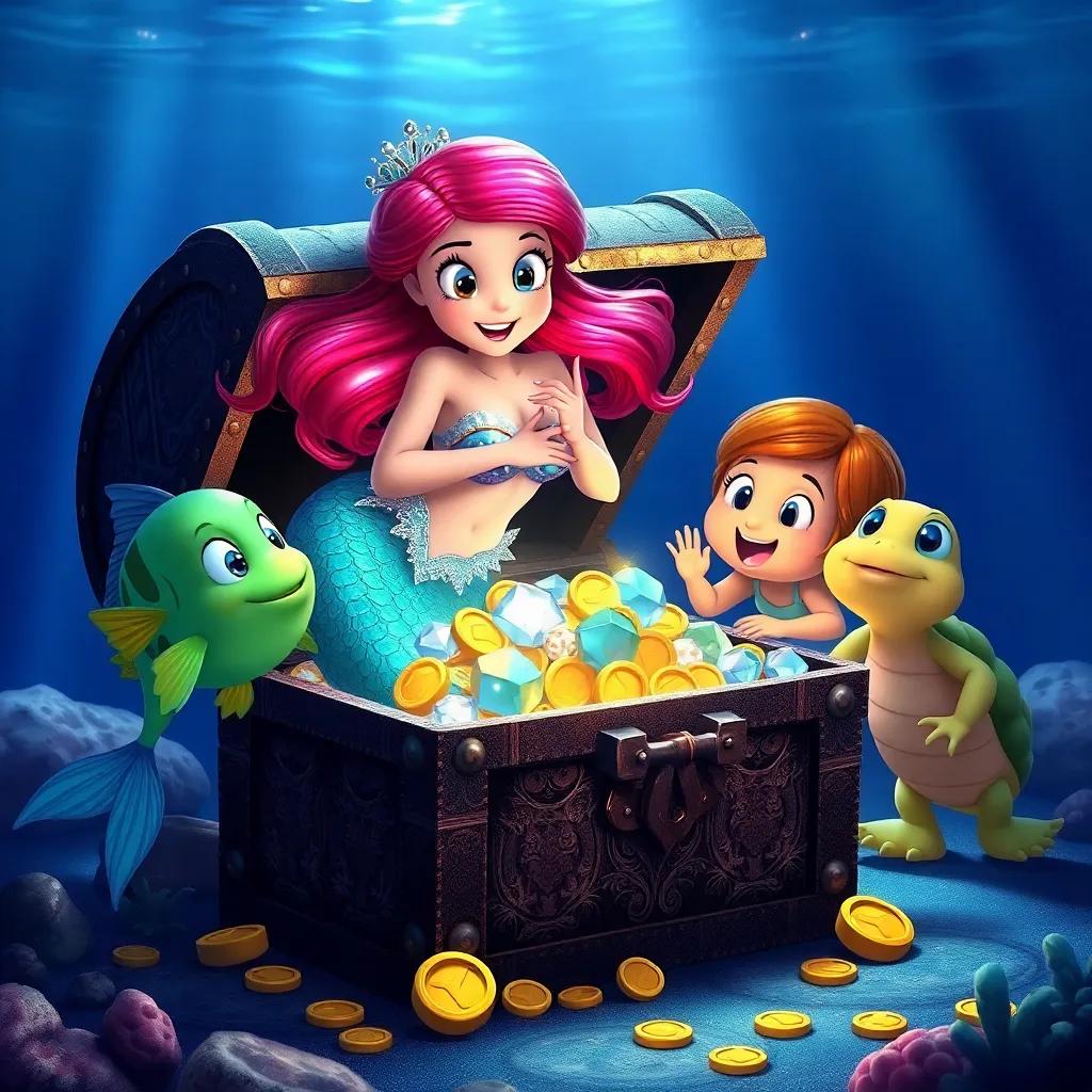 Marina, the mermaid, opening an ancient chest filled with shining jewels and gold coins, with her friends, the fish Golfo and turtle Lia, both excited and curious, underwater light reflections, cheerful atmosphere, high quality