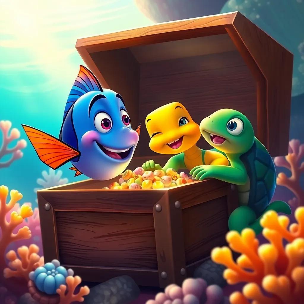 Marina, with Golfo the fish and Lia the turtle, joyfully examining treasures in the chest, colorful coral surroundings, laughter and happy smiles, playful vibes, digital painting, warm light, high quality