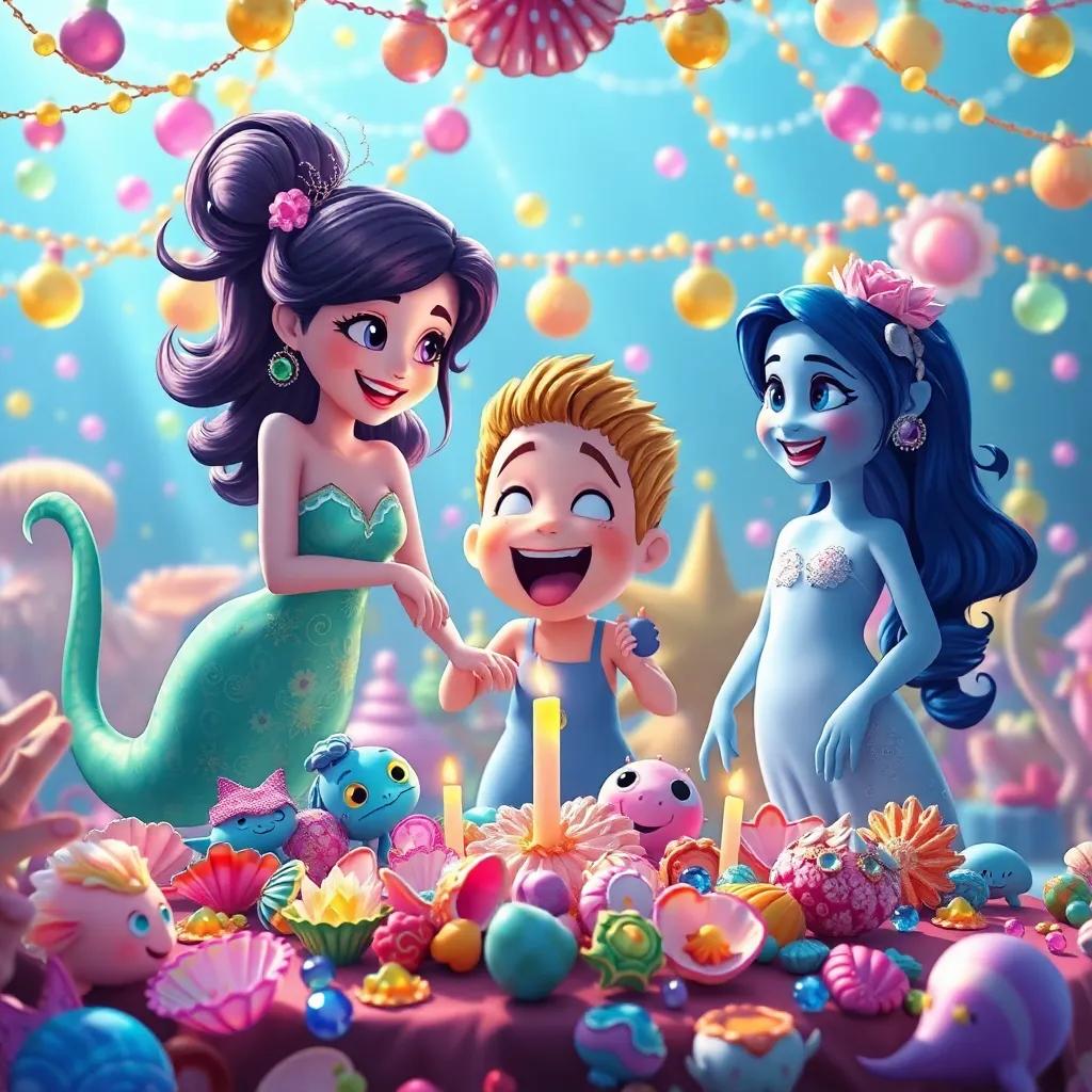 Marina, Golfo, and Lia celebrating with creatures of the ocean at a large festive gathering, decorated with jewels and colorful seashells, joyful atmosphere, digital art, bright colors, high quality