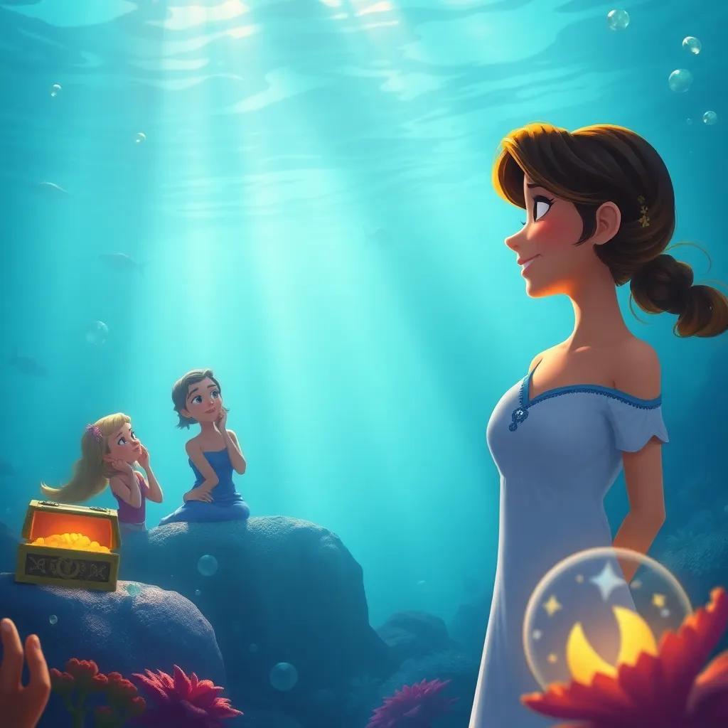 Marina watching her friends and smiling, realizing the value of friendship, a beautiful underwater landscape, treasure and friends all around, heartfelt moment, digital painting, warm light, high quality