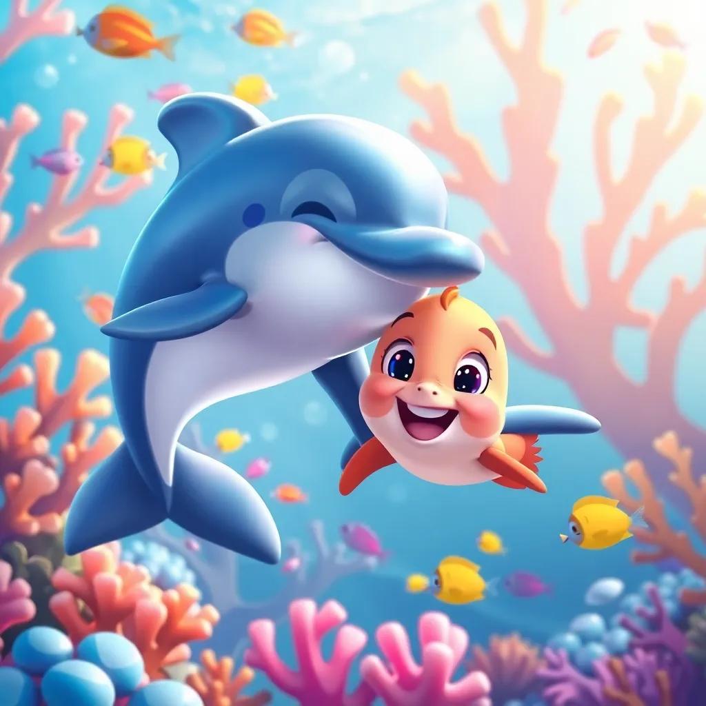 A playful dolphin named Dío swimming alongside Estela, surrounded by bright corals and fish, digital illustration, cheerful colors, engaging environment, vibrant