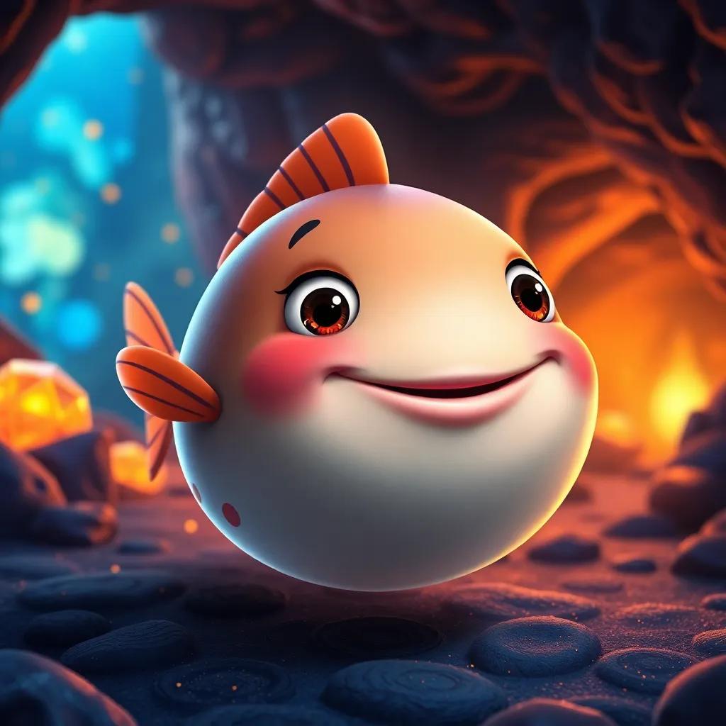 Pipo, a funny pufferfish with a cheerful expression, leading Estela and Dío to a magical cave filled with glowing treasures and colorful scales, colorful, enchanted look, high quality