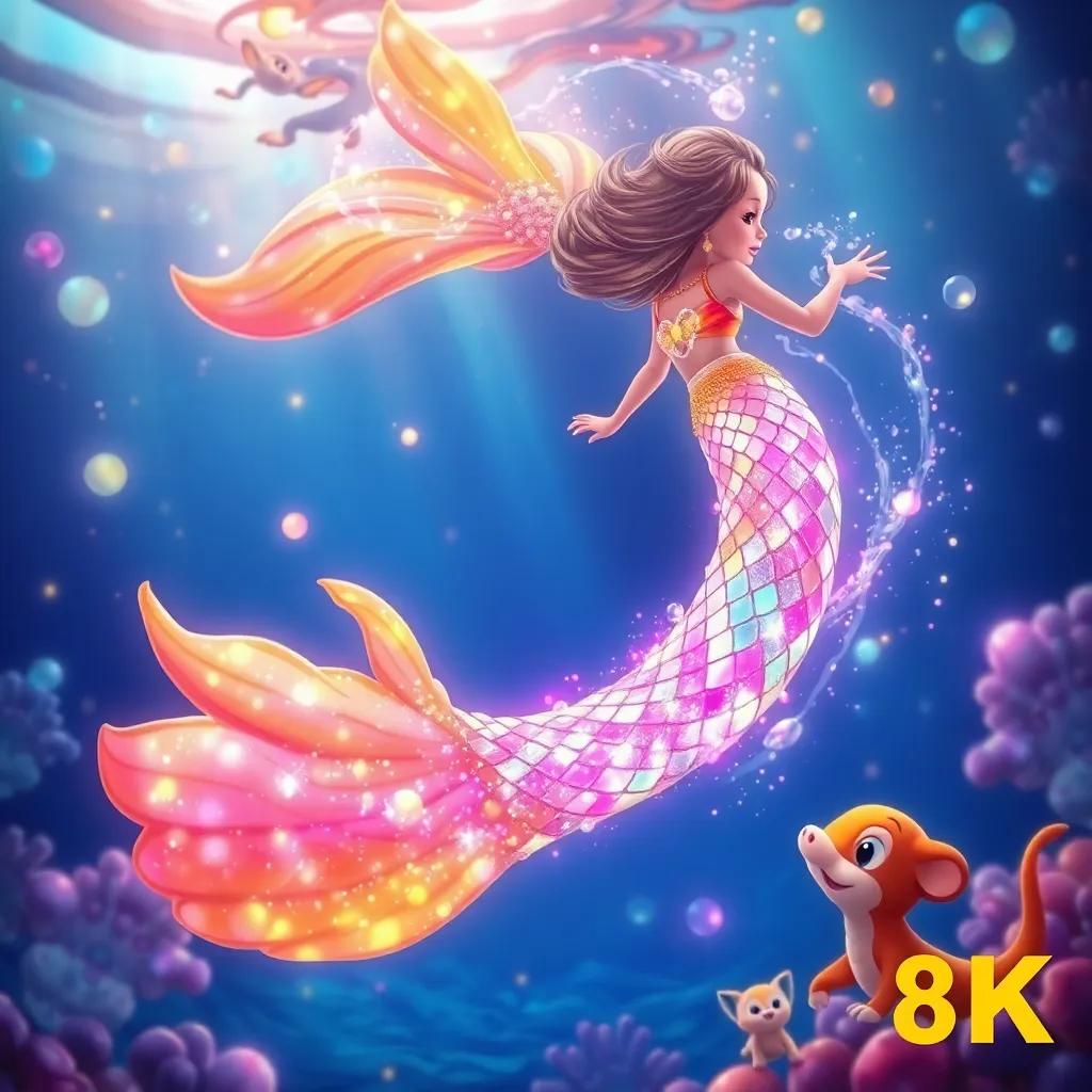 Estela transforming her tail with shimmering golden, pink, and rainbow scales in a swirling bubble of magic, surrounded by Dío and Pipo, fantastical underwater scene, lively lighting, enchanting atmosphere
