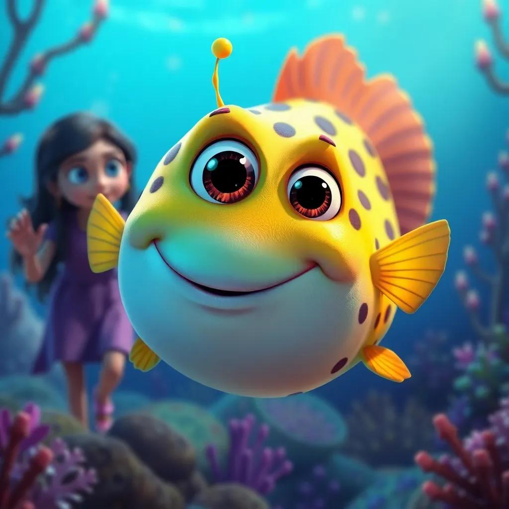 A curious pufferfish, Pablo, with big eyes and a playful expression, excitedly explaining the magical algae to Estela and Diego in a colorful underwater scene, detailed, lively