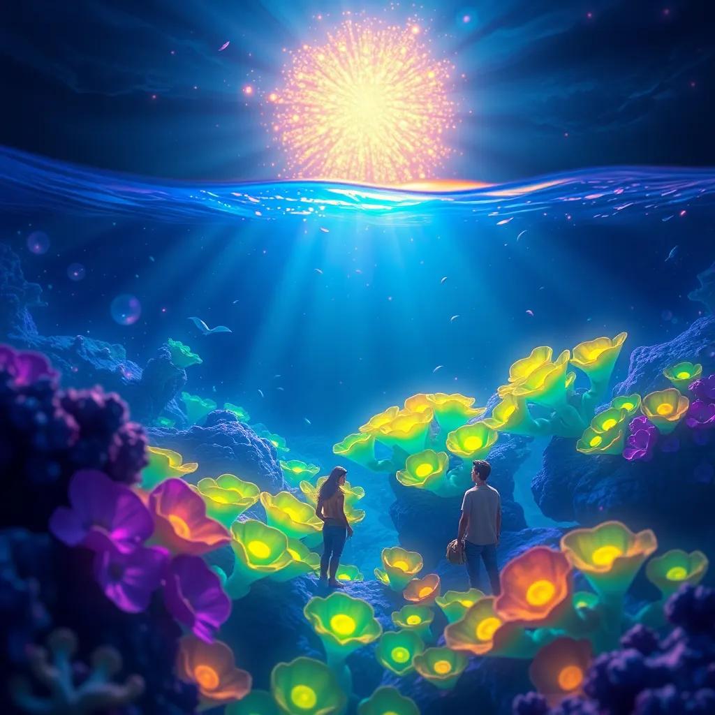 The magical algae glowing with radiant colors in deep ocean waters, surrounded by Estela, Diego, and Pablo as they work together, vibrant and enchanting light, captivating view