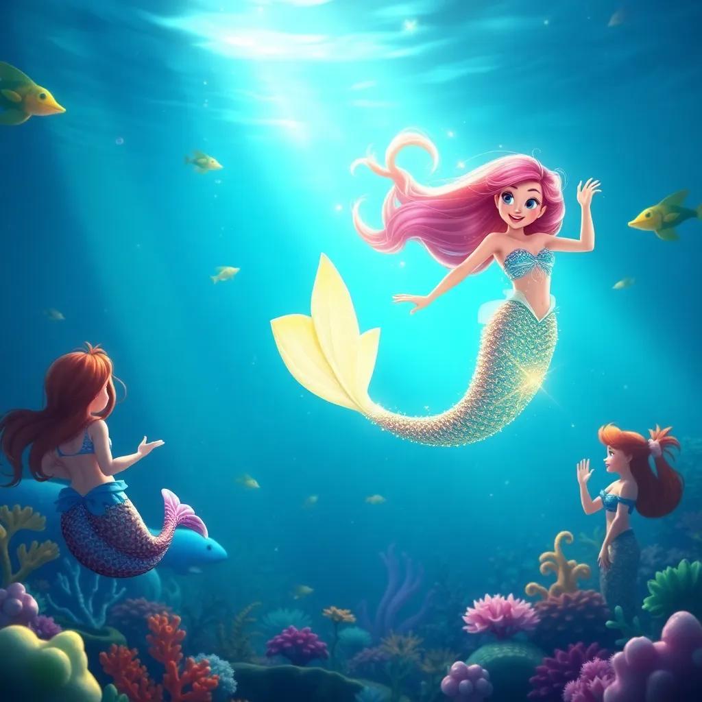 Estela, the mermaid with her new magical tail, sparkling and bright, swimming gracefully through the ocean as other mermaids watch in awe, joyful atmosphere, colorful marine life