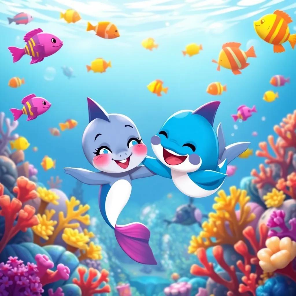 Estela y Didi, un delfín juguetón, nadando juntos hacia los arrecifes de coral, rodeados de peces coloridos, con Estela sonriendo y Didi saltando alegremente, illustration, cheerful, colorful environment, child-friendly