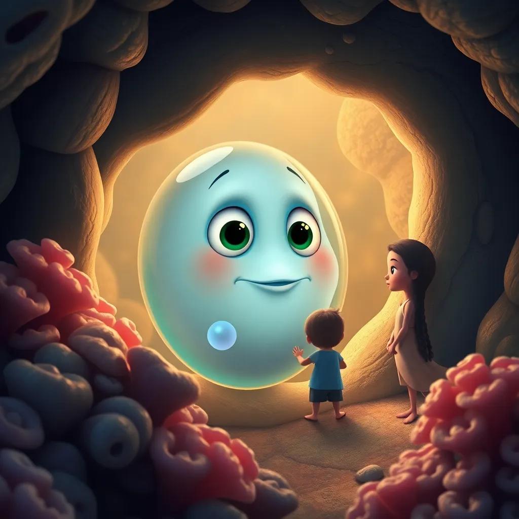 Lulo, un pez globo sabio con grandes ojos, rodeado de conchas marinas y algas en su hogar coralino, mirando a Estela y Didi mientras hablan, digital painting, calm and wise atmosphere, warm light, storytelling vignette