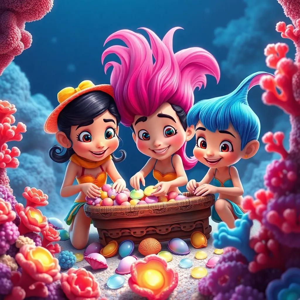 Estela, Didi y Lulo trabajando juntos, recolectando conchas brillantes y algas coloridas, en un hermoso arrecife de coral, todos mostrando entusiasmo y alegría, digital art, vibrant colors, action scene, high quality