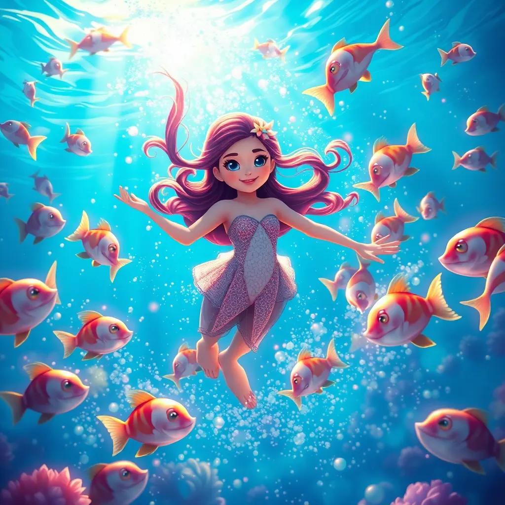 Estela con su nueva cola mágica, nadando con confianza en el océano brillante, rodeada de peces admirados que la miran con asombro, digital painting, stunning colors, uplifting scene, high quality