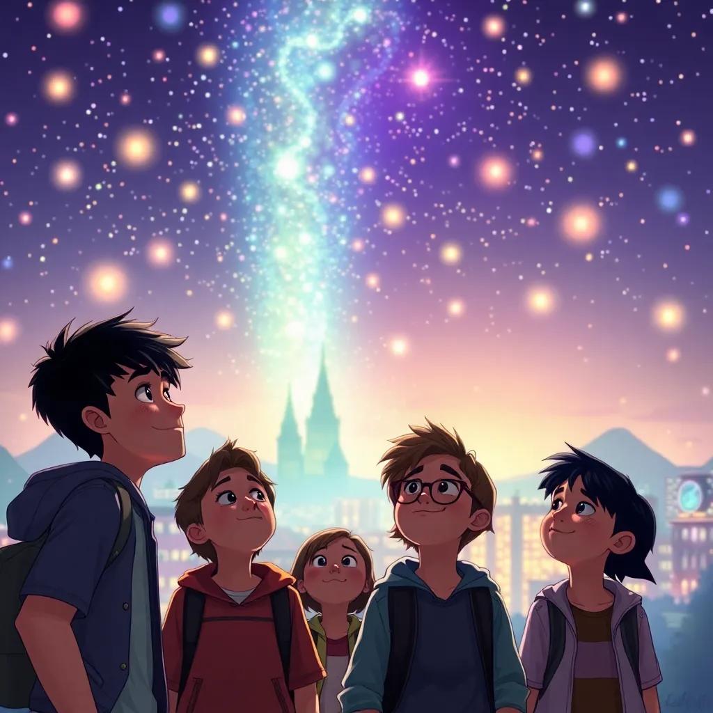 En la ciudad de Solbrillante bajo un cielo lleno de luces danzantes, varios adolescentes intrigados miran hacia arriba, con asombro en el rostro, digital art, bright colors, magical atmosphere, child-friendly, high quality