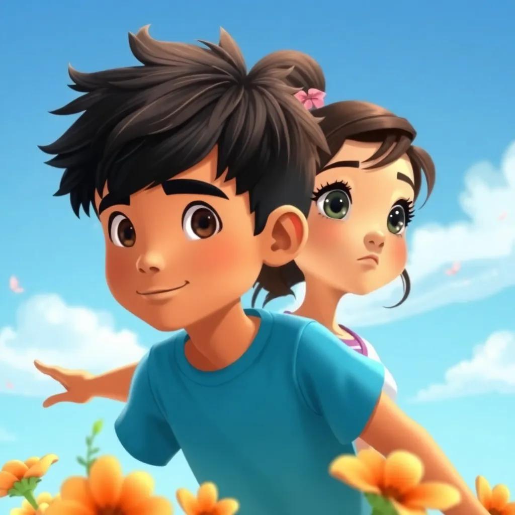 Juan, un joven de cabello corto y oscuro, con camiseta azul, descubriendo su poder al volar con el viento. A su lado, Ana, una chica de cabello rizado y ojos brillantes, observa asombrada, con flores alrededor, vibrant colors, digital illustration, child-safe