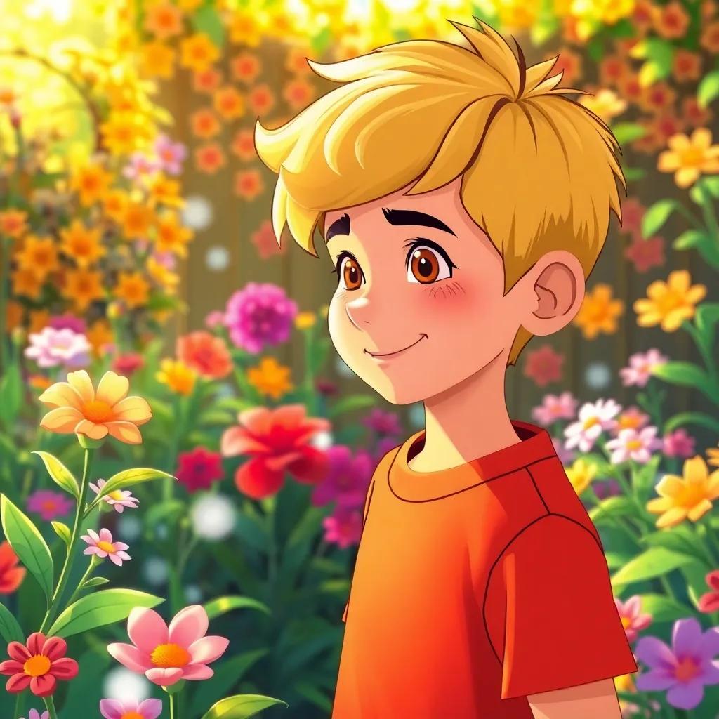 Luis, un adolescente con cabello rizado y amarillo, frente a un jardín floreciente, usando sus poderes para hacer que las plantas crezcan, rodeado de colores vibrantes y magia, illustration, colorful, cheerful, high quality