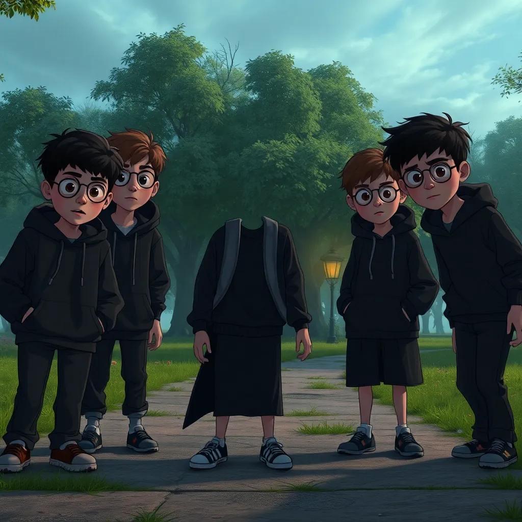 Un grupo de adolescentes, 'Los Oscuros', con miradas siniestras y ropa oscura, llegan al parque causando problemas, el ambiente es tenso, digital art, dark colors, animated, high quality