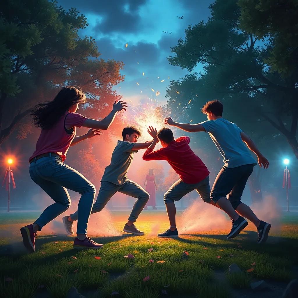 La batalla en el parque entre los poderes de los dos grupos de adolescentes, con luces brillantes y sombras chocando, la emoción y la valentía en el aire, digital painting, dynamic, colorful, epic